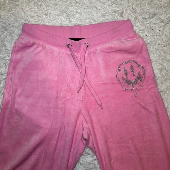 Dolls Kill Pink Velour Sweatpants with Silver Rhinestone Smiley Face - Picture 7 of 12